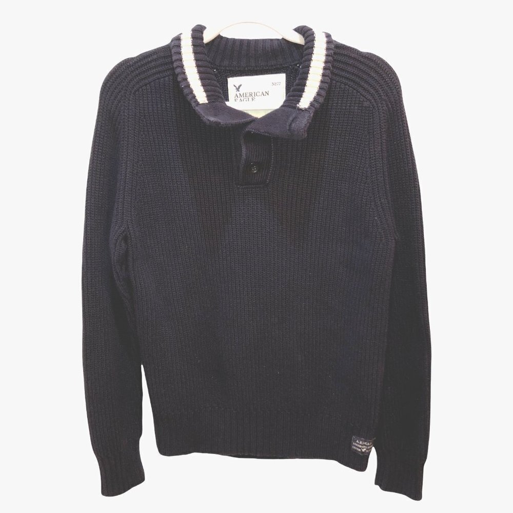 American Eagle Mens Large Blue Ribbed Knit Heavyweight Shawl Sweater